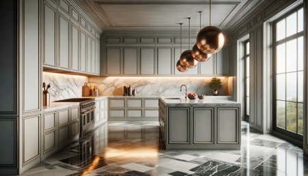 Classic kitchen with chevron floor and brass pendants. Timeless luxury. Generative AIの素材