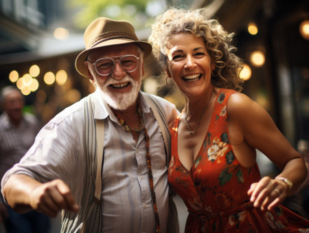 Senior man and woman joyfully dancing on a festive street. Generative AIの素材
