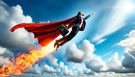 Superhero businessman launching with jet flames Generative AIの素材