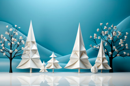 Abstract origami winter scene with white paper trees and cotton flowers. Creative concept. Generative AIの素材