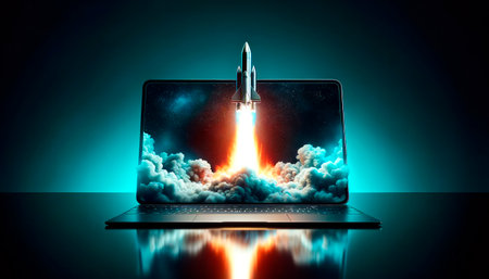 Laptop showcasing a shuttle launch into cosmos, Generative AIの素材