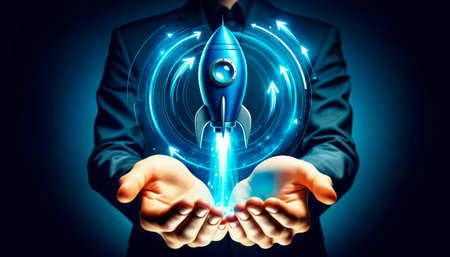 Close up of businessman hands holding glowing rocket icon. Start up concept. Generative AIの素材