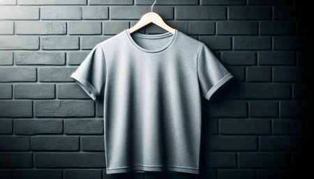 Gray t-shirt mockup on wooden hanger against a dark brick background. Textile display. Generative AIの素材