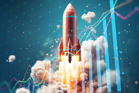 Rocket launch on financial graph representing market surge, Generative AIの素材