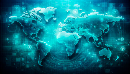 Holographic digital world map with a glowing blue cyber network. Global connectivity and internet concept. Generative AIの素材