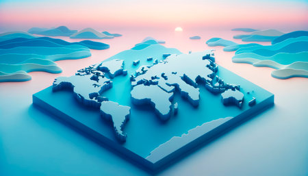 Serene 3D world map with soft pastel colors, set against a tranquil ocean backdrop. Generative AIの素材