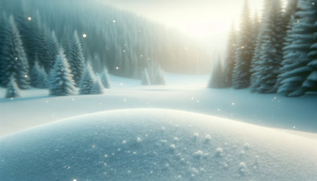 Sunrise over pristine snow field, pine forest horizon. Serene winter dawn background. Generative AIの素材