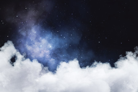 Creative sky background with clouds and stars. Landing page conceptの写真素材