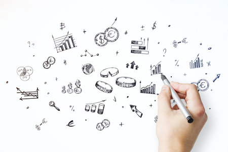 Hand illustrating diverse business concepts with marker on white background. Strategy and planning conceptの写真素材