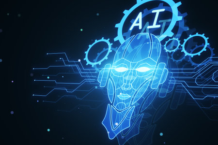 Abstract glowing robot head and icons on dark blurry background. Chat GPT, machine learning and AI concept. 3D Renderingの写真素材