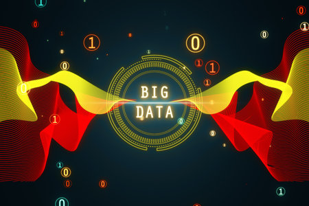 Abstract round big data hologram with binary code on dark wallpaper. Stream information, filtering machine algorithm concept. 3D Renderingの写真素材