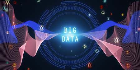 Abstract round big data hologram with binary code on dark backdrop. Stream information, filtering machine algorithm concept. 3D Renderingの写真素材