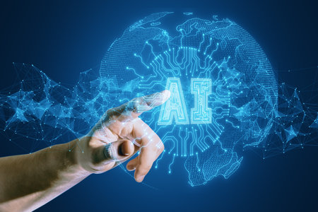 Hand touching holographic AI icon on a digital world map, symbolizing global tech innovationの写真素材