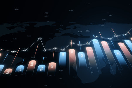 Financial growth charts on a global map with blue highlights. 3D Renderingの写真素材