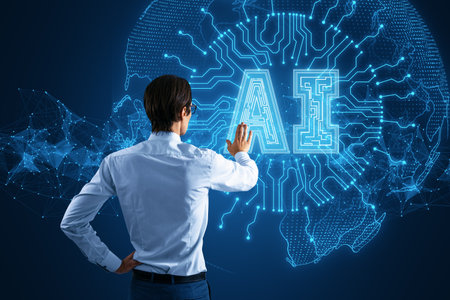 Businessman interacting with AI hologram, showcasing machine learning and digital transformationの写真素材