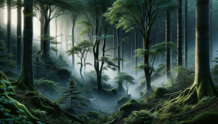 Enchanted green forest with soft fog and light beams. Magical nature scene. Generative AIの素材