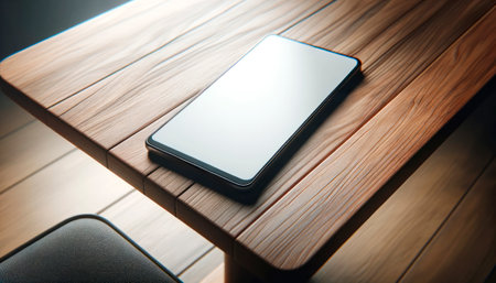 Smartphone with blank screen on wooden table. Mock up. Generative AIの素材