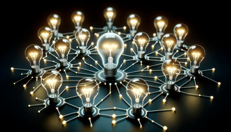 Conceptual image of light bulbs connected to each other in network. Generative AIの素材