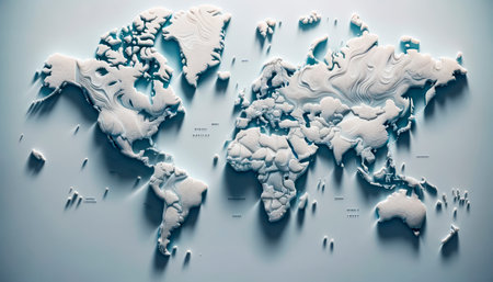 Ethereal 3D topographic world map with floating islands on a tranquil sea at dawn. Generative AIの素材