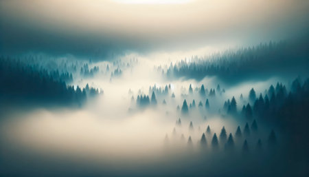 Layered forest canopy shrouded in morning fog. Mystical nature background. Generative AIの素材