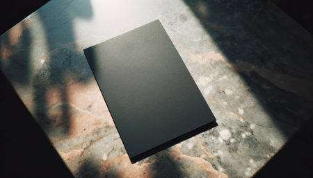 Elegant cafe table with black menu mockup on marble surface in sunlight. Sophisticated presentation concept. Generative AIの素材