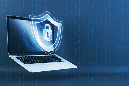 Close up of pc with creative digital security padlock and shield hologram on blurry binary code...