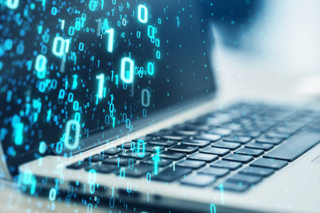 Close up of laptop with creative binary coding on blurry background. Matrix and security concept....
