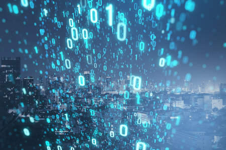 Creative binary coding on blurry night city texture. Matrix and security concept. Double exposure