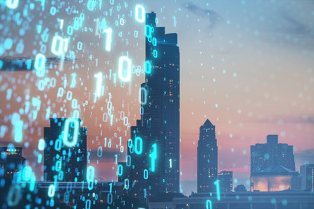 Creative binary coding on blurry night city backdrop. Matrix and security concept. Double exposure