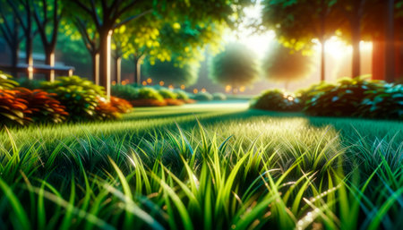 Sunlight streaming through trees onto a verdant grassy landscape at dawn. Generative AIの素材