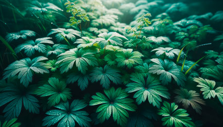 Clover and fern leaves with morning dew against a forest background. Generative AIの素材
