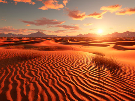 Sunset hues casting shadows over desert landscape. End of day serenity. Generative AIの素材