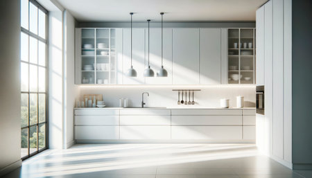 Modern kitchen with sunlight casting shadows on white surfaces. Clean design and serene home concept. Generative AIの素材