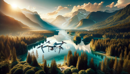 Quadcopter drone hovering above a reflective lake and lush green forest. Aerial photography concept. Generative AIの素材