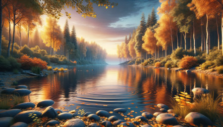 Beautiful autumn landscape with forest and lake at sunset. Generative AIの素材