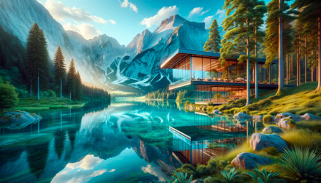 Contemporary glass walled home overlooking a crystal clear mountain lake at dawn. Sustainable living concept. Generative AIの素材