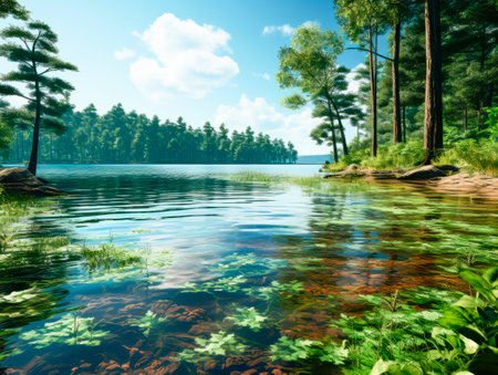 Landscape with pine forest and lake. Nature composition. Generative AIの素材