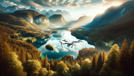 Quadcopter drone above a reflective lake and lush green forest. Aerial photography concept. Generative AIの素材