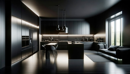 Modern black kitchen with integrated lighting and open living space. Generative AIの素材
