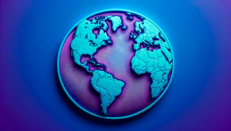 Vibrant 3D world map with fluid lines on a dynamic purple background. Digital art concept. Generative AIの素材