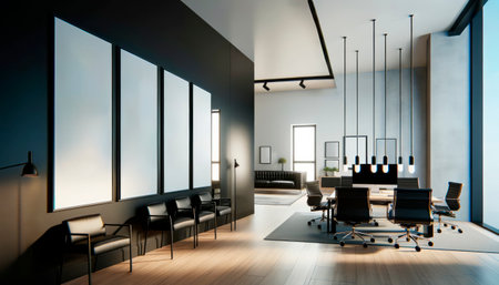Stylish office boardroom with modern chairs and pendant lights. Corporate meetings and design concept. Generative AIの素材