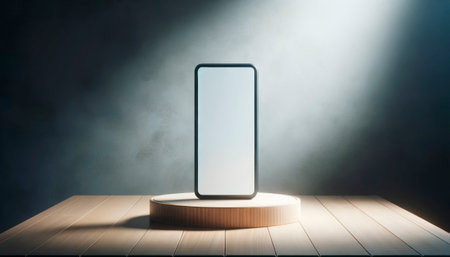 Smartphone mockup with blank screen on wooden podium. Generative AIの素材