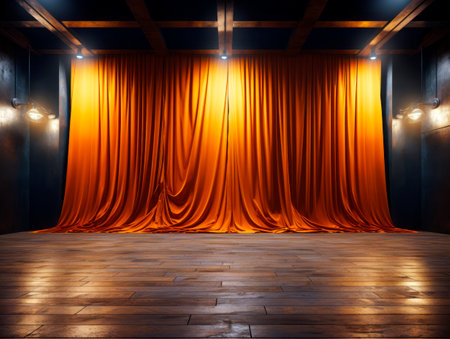Classic theater stage with orange velvet curtains and atmospheric spotlights. Generative AIの素材
