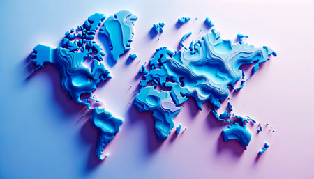 Artistic 3D world map with fluid lines and glowing edges on a dynamic purple background. Generative AIの素材