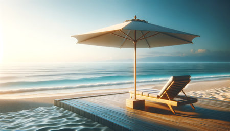 Tranquil morning by the sea with deckchair on wooden pier. Generative AIの素材