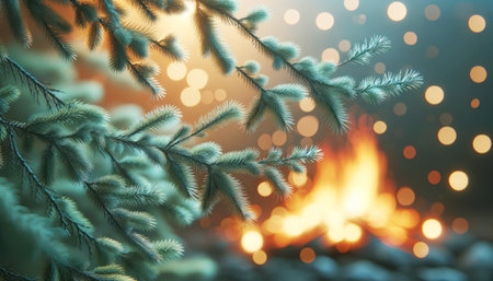 Spruce branches against the backdrop of a burning fireplace. Christmas background. Generative AIの素材