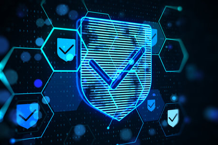 Creative glowing hexagonal shield hologram with binary coding on blurry backdrop. Safety and...