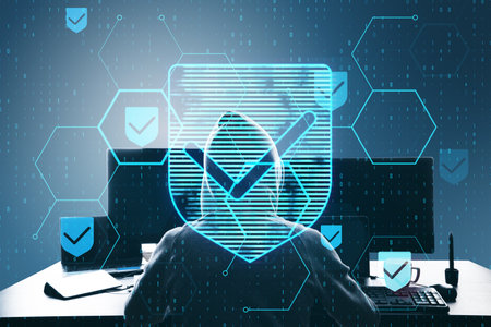 Hacker at desktop using laptop with glowing hexagonal shield hologram with binary coding on blurry background. Safety, hacking, malware and internet concept. Double exposureの写真素材
