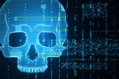 Holographic skull with binary code disintegration on a dark digital background. Data decay concept. 3D Renderingの写真素材