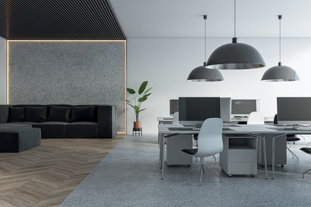 Contemporary wooden and concrete coworking office interior with furniture and lamps. 3D Rendering